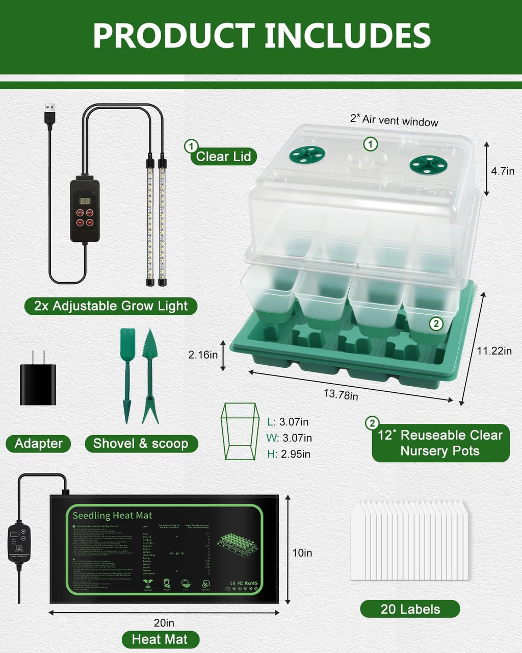 12 Cell Seed Starter Kit with Grow Light Heating Mat & Silicone Pots | Grow Light, Graphene Heating Mat, Reusable Tray
