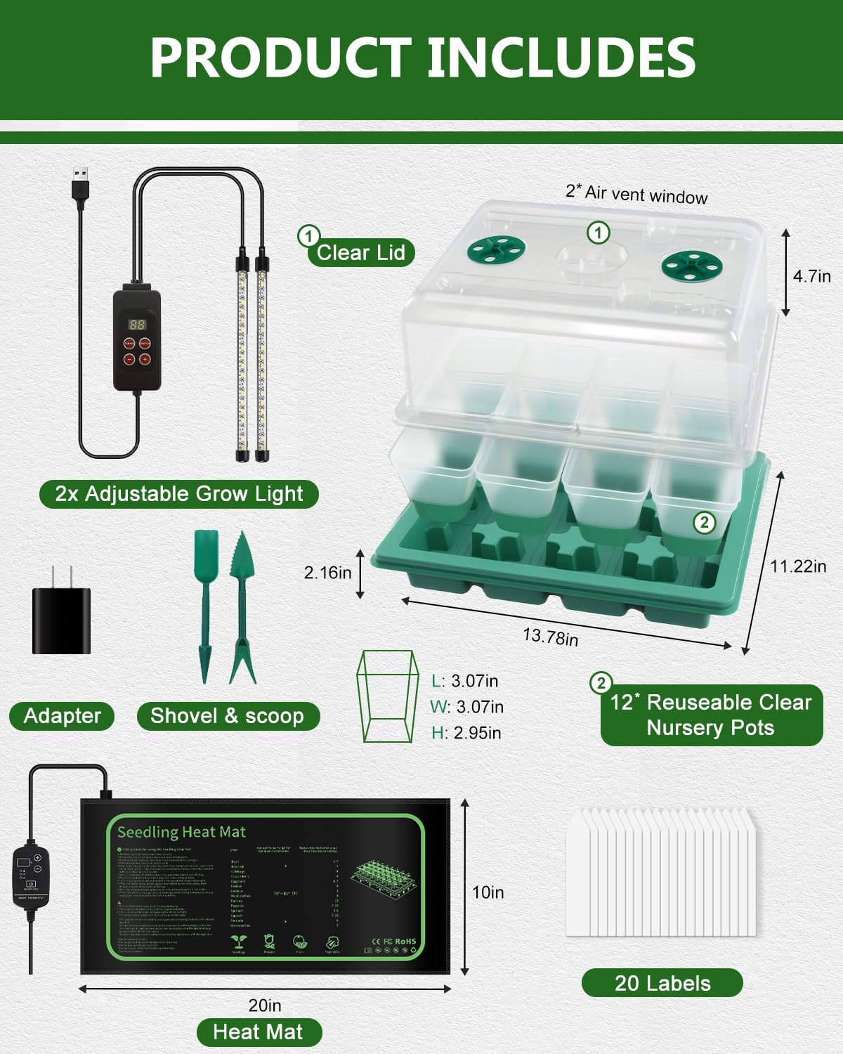 12 Cell Seed Starter Kit with Grow Light Heating Mat & Silicone Pots | Grow Light, Graphene Heating Mat, Reusable Tray