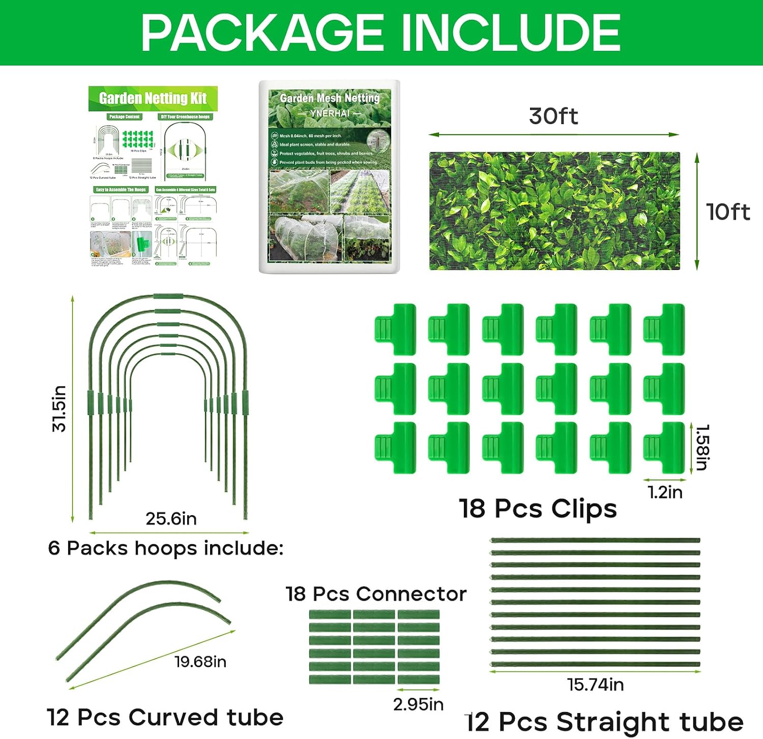 Garden Mesh Netting Kit, 10 * 30FT Ultra Fine Plant Netting Covers with 6 Pcs Garden Hoops & 18 Clips, Row Cover Net