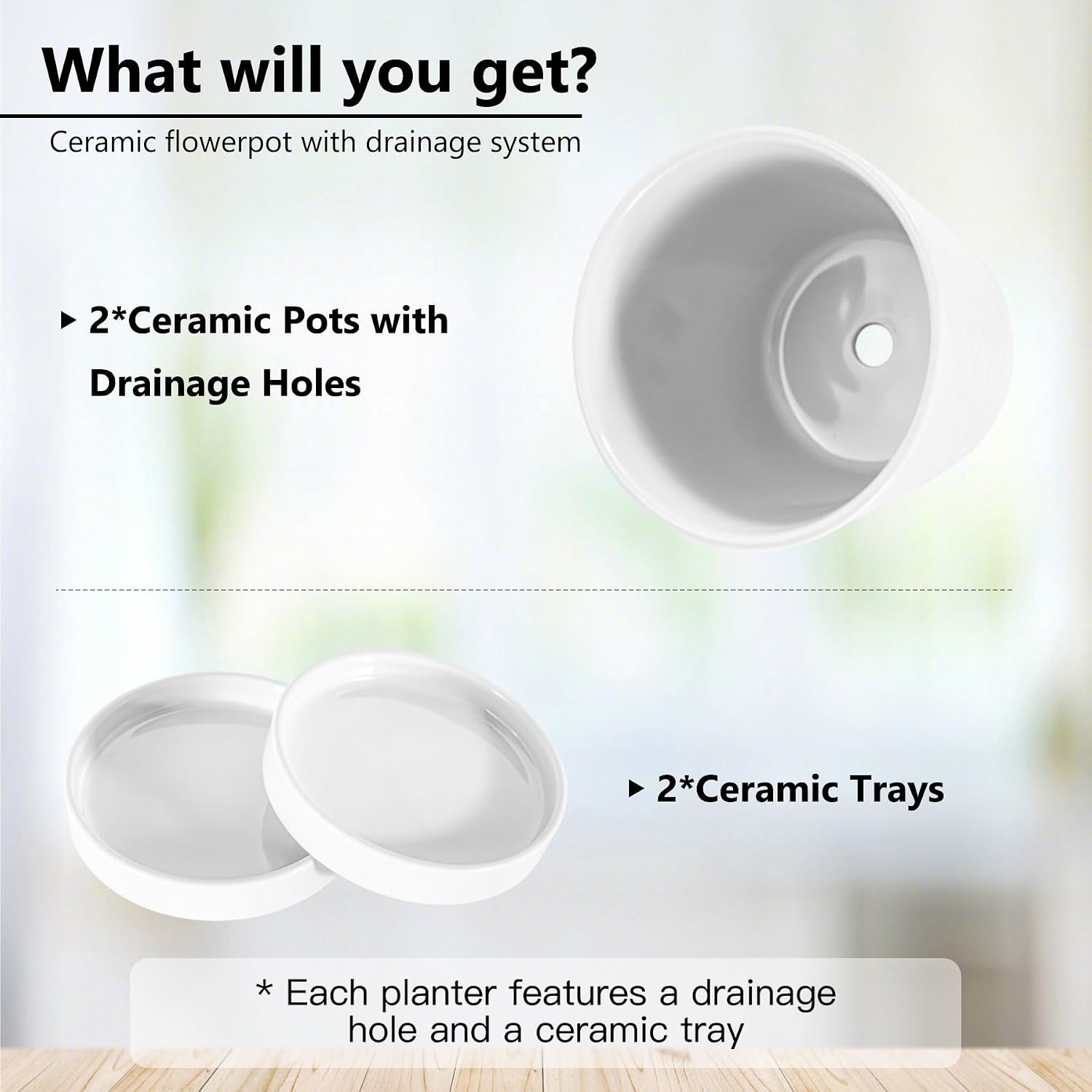 BUYMAX 6 Inch Plant Pot Ceramic Flower Pots Set of 2 with Drainage Hole | Includes Ceramic Trays | Clean White Finish
