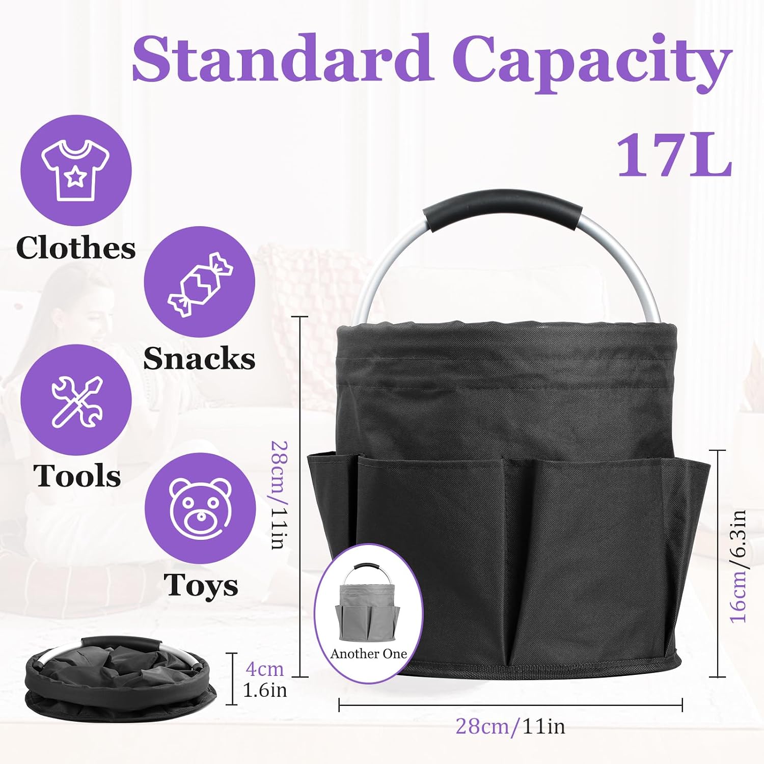 2Pack 17L Foldable Cleaning Supply Caddy with Handle, Portable Bucket Tool Organizer, Garden Tool Bag in 600D Oxford
