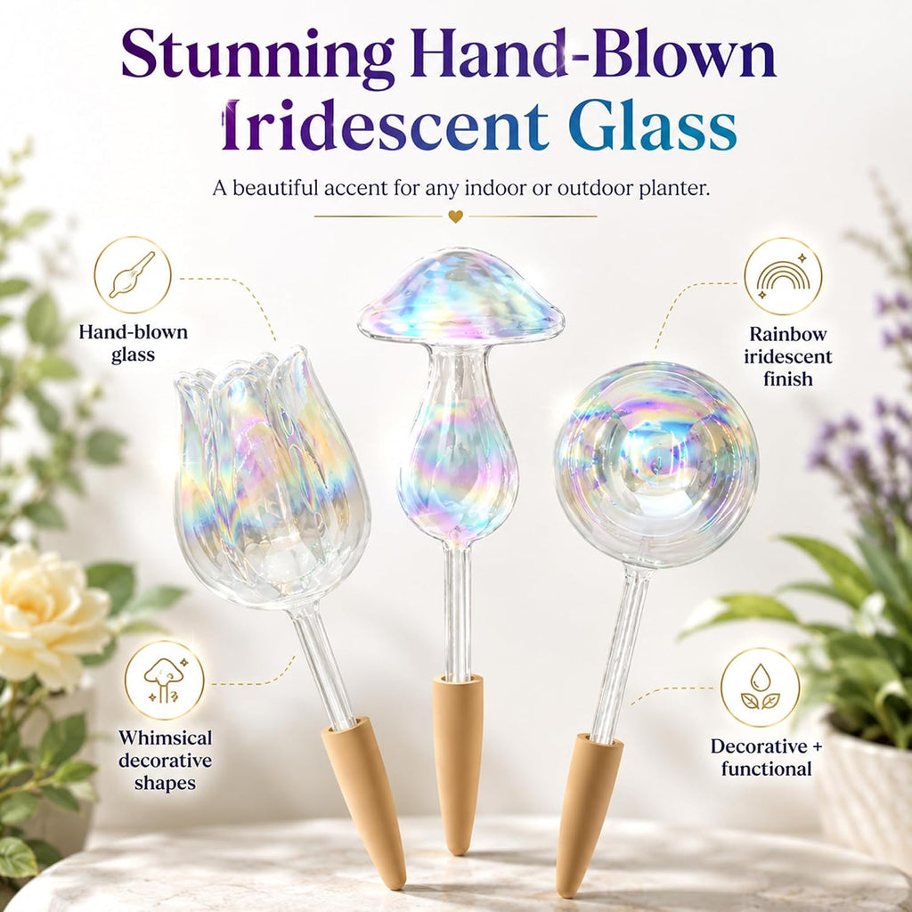 HyJeryty Non-Clogging Iridescent Ball Plant Watering Globes with Terracotta Spikes, Hand Blown Glass Self Watering