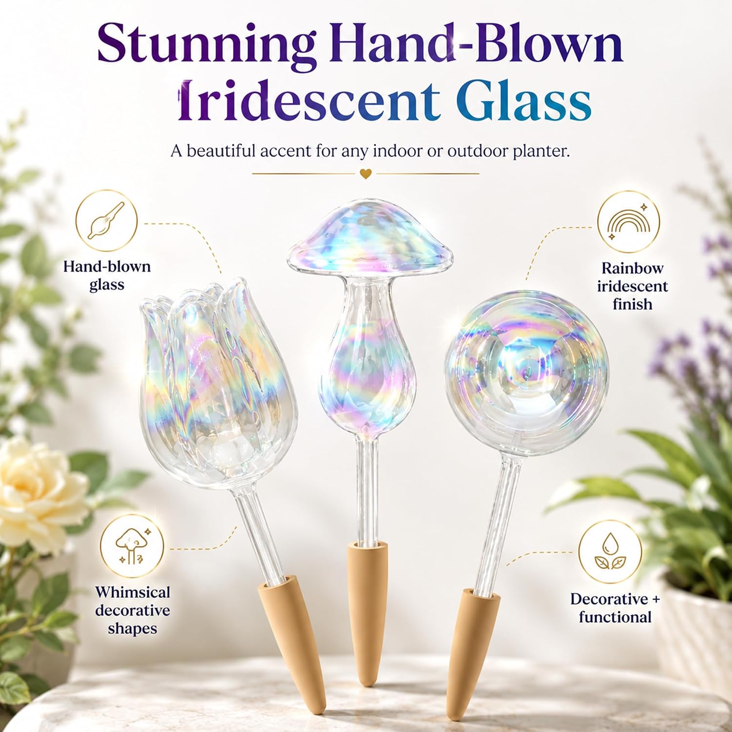 HyJeryty Non-Clogging Iridescent Ball Plant Watering Globes with Terracotta Spikes, Hand Blown Glass Self Watering