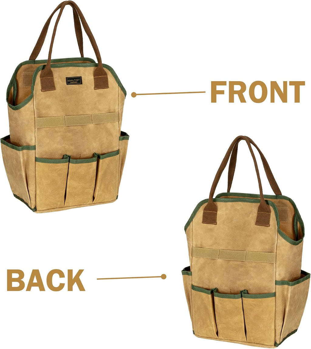 Canvas Tool Bag, 16OZ Waxed Canvas Garden Tool Tote - with 3 Inner Slots & 8 Outer Pockets & Portable Handle, Gardening