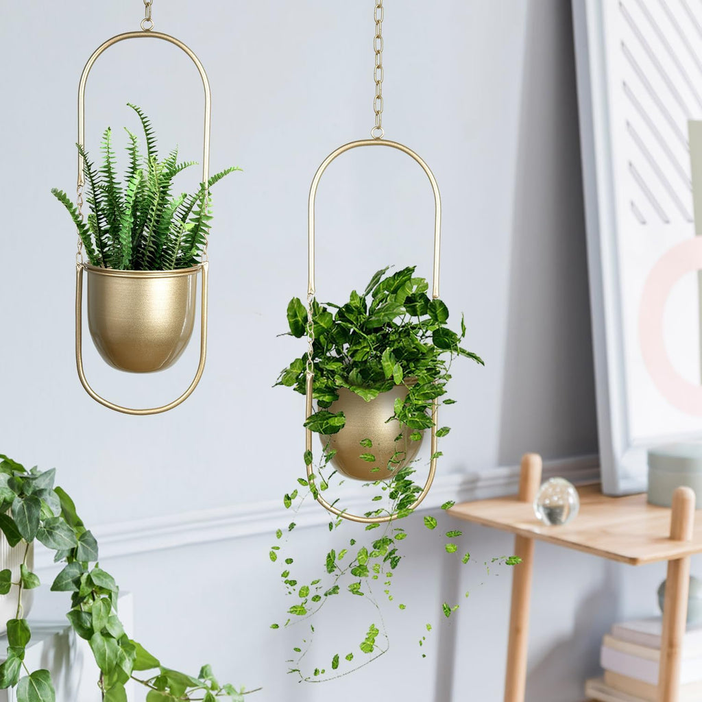 AceList Boho Hanging Planter for Indoor Plants - Set of 2 Gold Metal Wall Planter 5.7Inch with Hooks and Chins, Plant