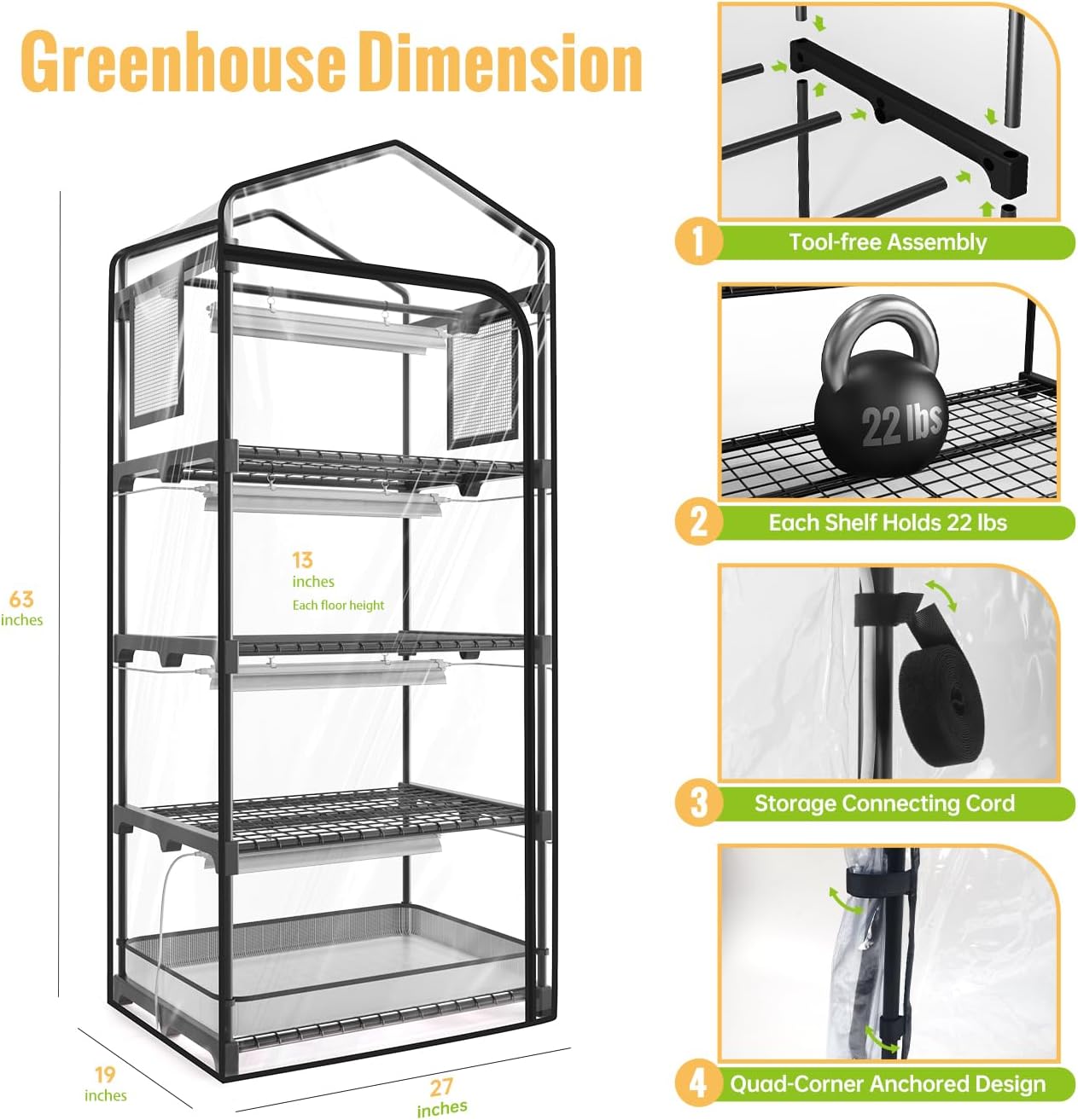 Indoor Greenhouse with Grow Light, 4-Tier Plant Stand, 27x19x63in | 1.64FT T5 Grow Light for Seedlings, PVC Tent with
