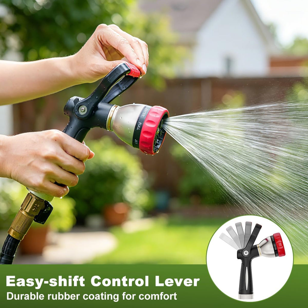 FANHAO Fireman Style Garden Hose Nozzle Heavy Duty Metal, 8 Spray Patterns | Large Lever Control, Non-Slip Ergonomic