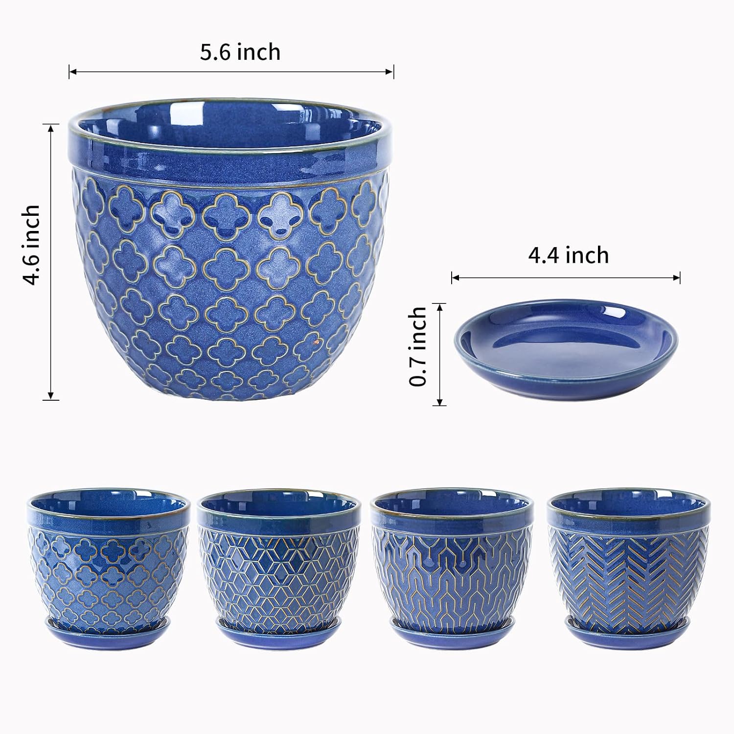 Sureasy Ceramic Indoor Plant Pots - 5.6 Inch Flower Pots for Plants with Drainage Hole and Saucer, Embossed Planter for