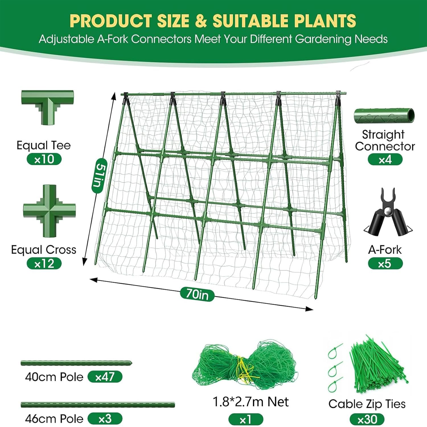 71"x 51" Cucumber Trellis for Raised Bed,Adjust A-Frame Trellis | Rust-Proof Plastic-Coated Steel Pipe Support for