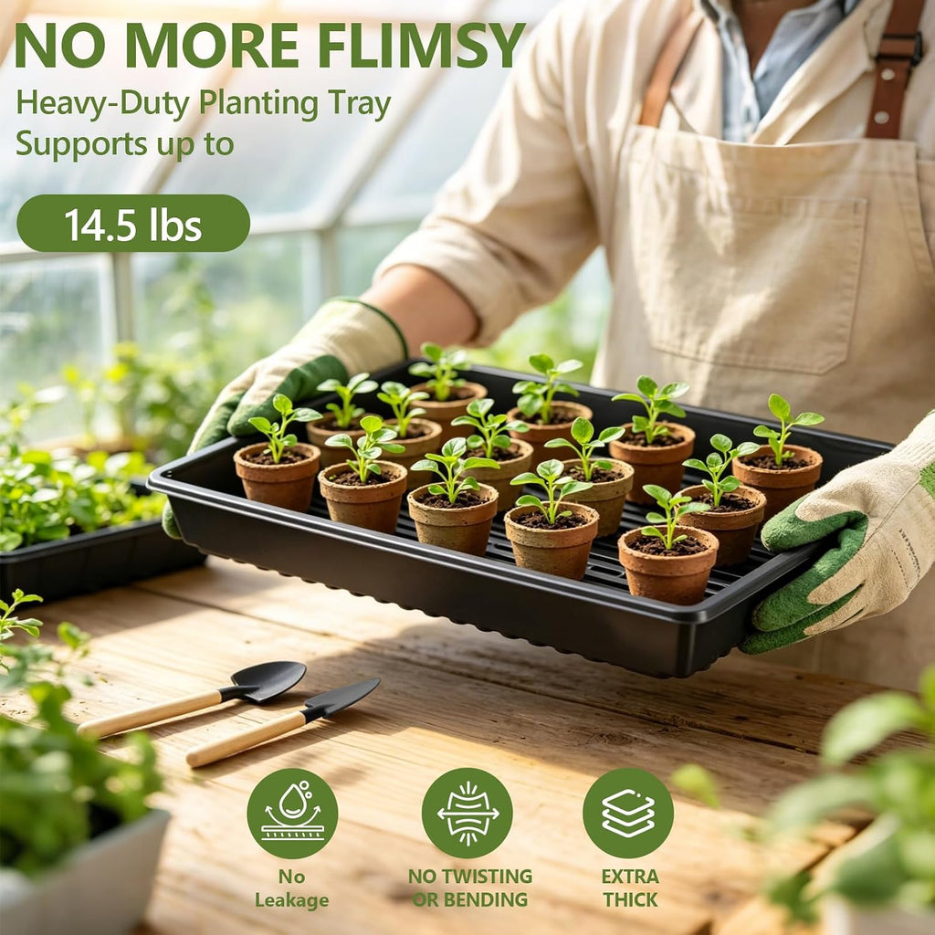 10 Pack Plant Growing Trays No Drain Holes, 21 x 11 x 2.5 in Durable Seed Starter Trays with 3 Mini Gardening Tools