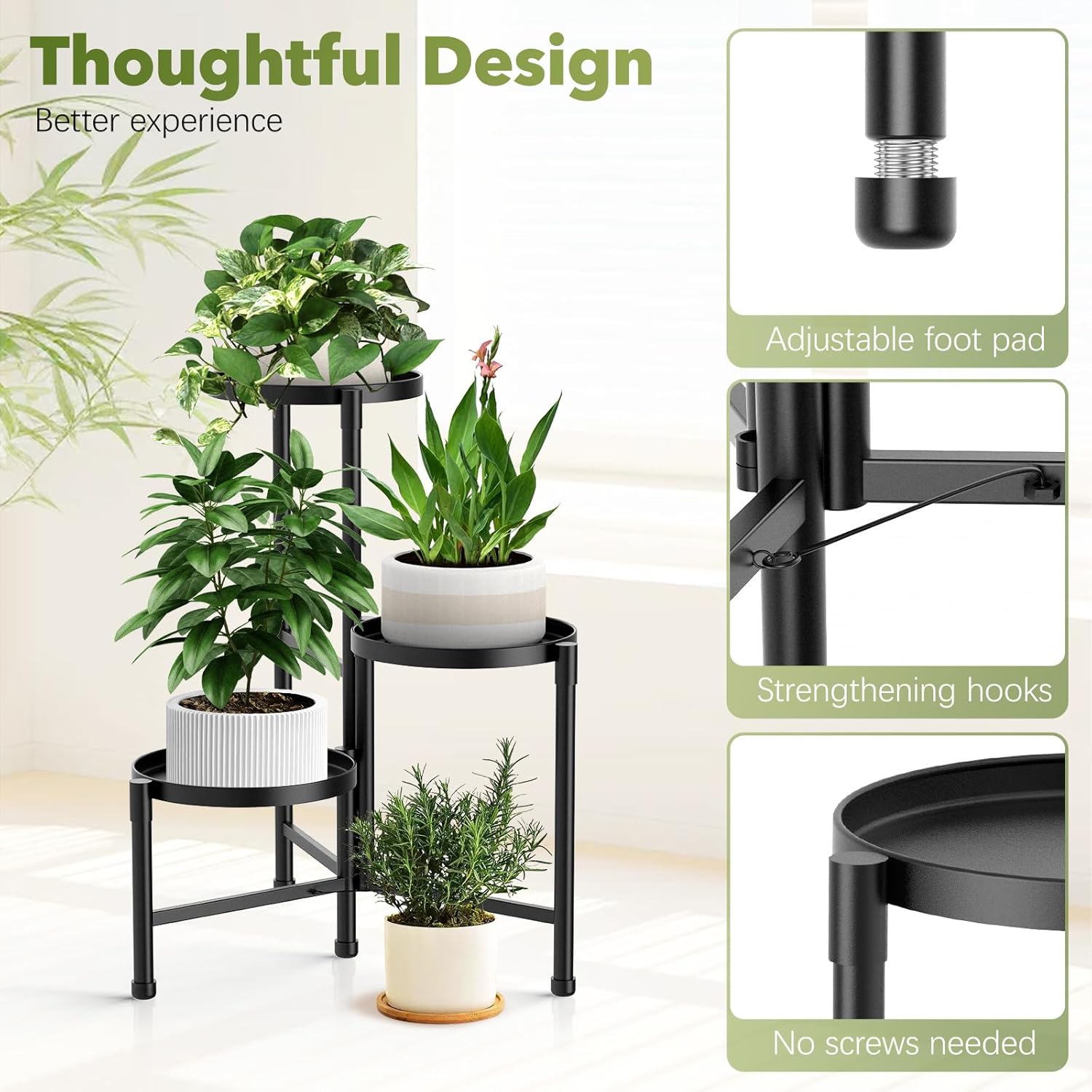 3 Tier Corner Plant Stand Indoor Outdoor, Metal, 10 Inch Wide Tray, Black | 30 In Tall Folding Flower Pot Holder