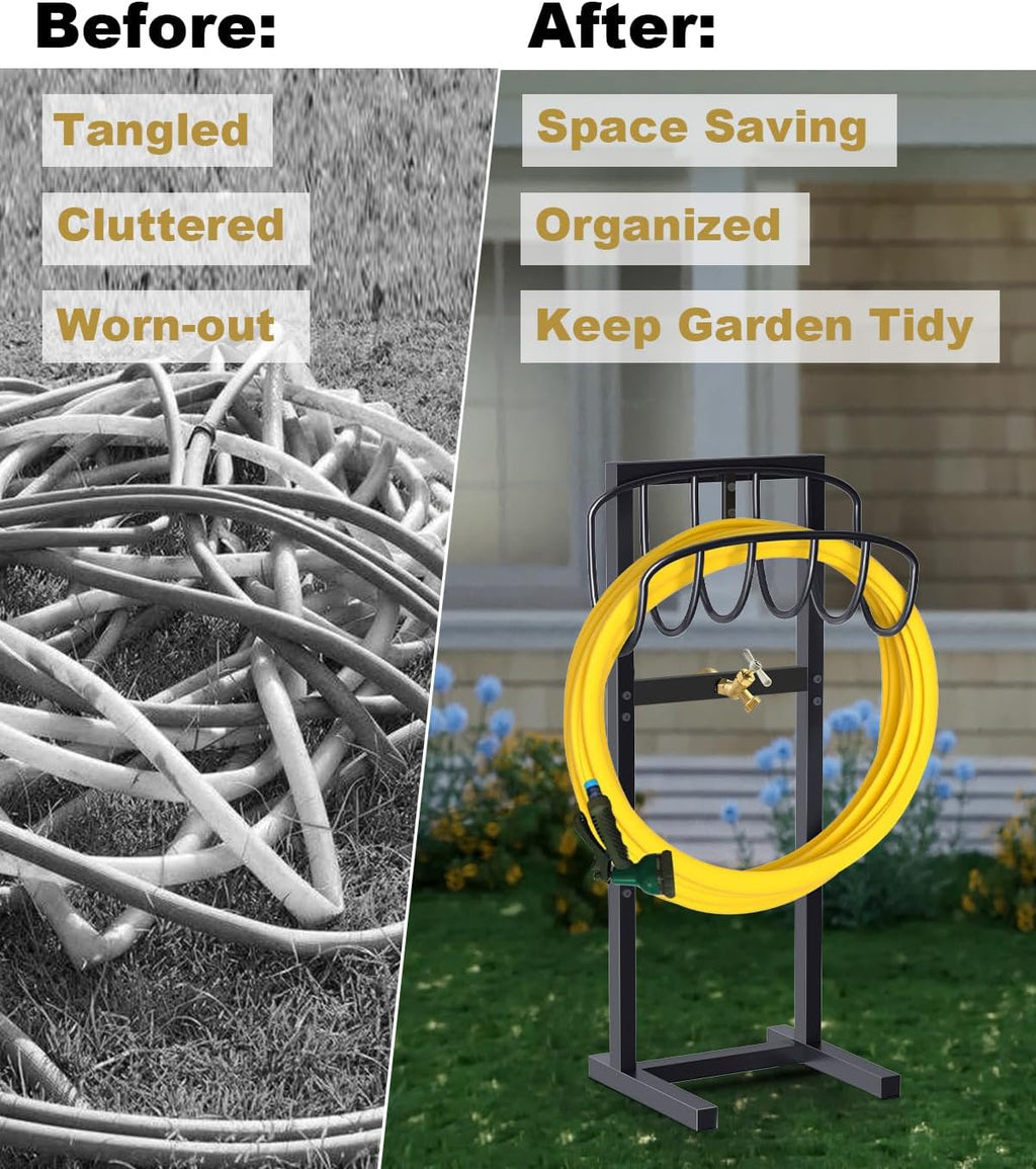 Outdoor Garden Hose Holder Freestanding with Brass Faucet And 4 Spikes, Heavy Duty Metal Water Hose Reel Stand Hanger