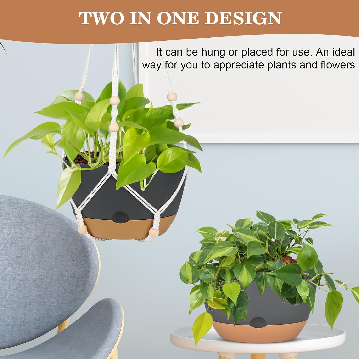 Hanging Planter for Indoor Plants, 3 Pack 10 Inch Self Watering Flower Pot with Macrame Plant Hanger, Metal Chain, S &
