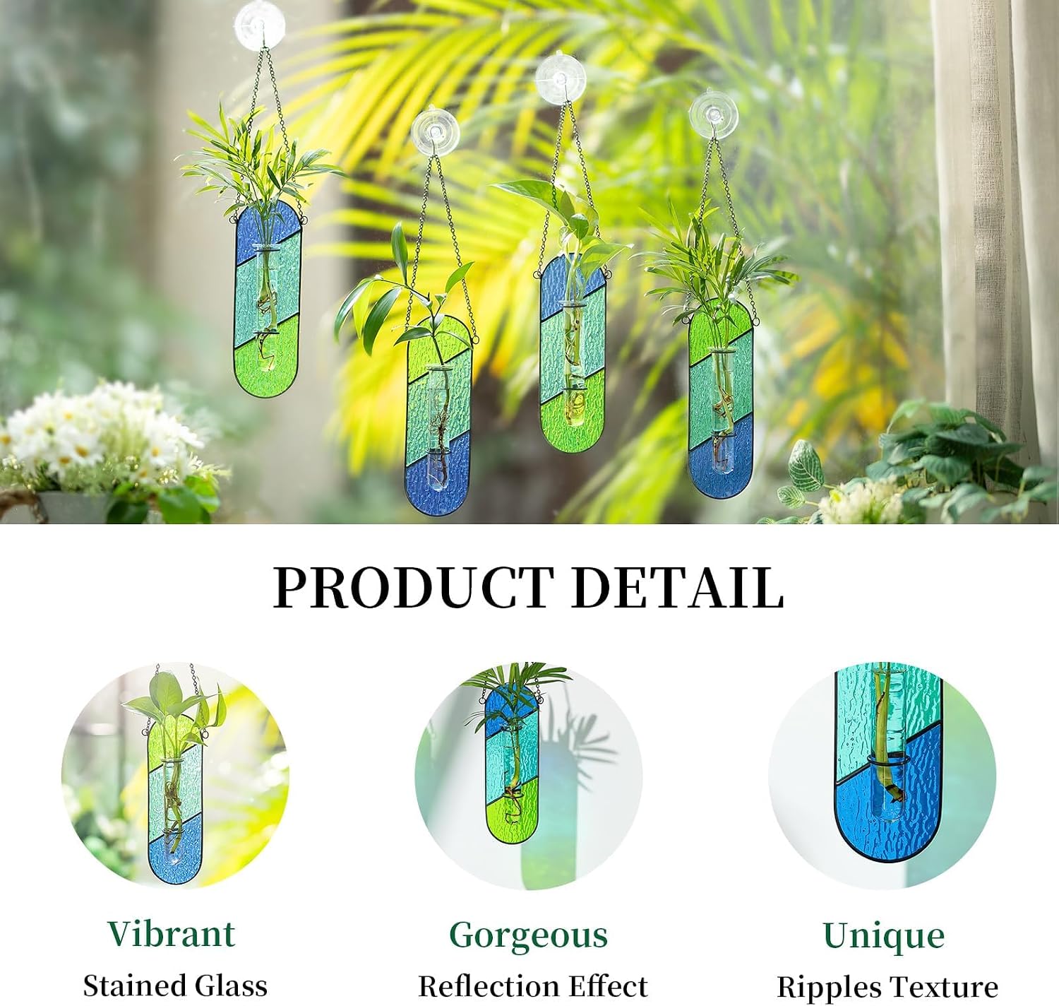 Hewory Stained Glass Window Hanging: 2PCS Propagation Stations Blue & Green | Vibrant Stained glass Plant Propagation
