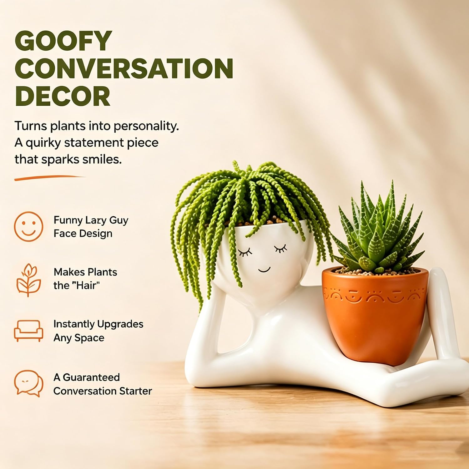 Goofy Garden Planter, Funny Lazy Guy Face Plant Pots with Drainage Hole, 9 Inch Large Resin Head Flower Pot, Cute