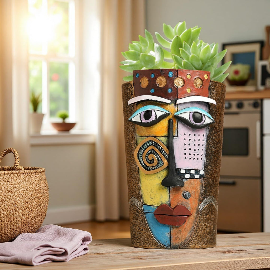 Picasso Abstract Face Flower Pot,Plant Pot with Facial Expressions,Handmade Resin Plant Pot with Drainage Holes,for