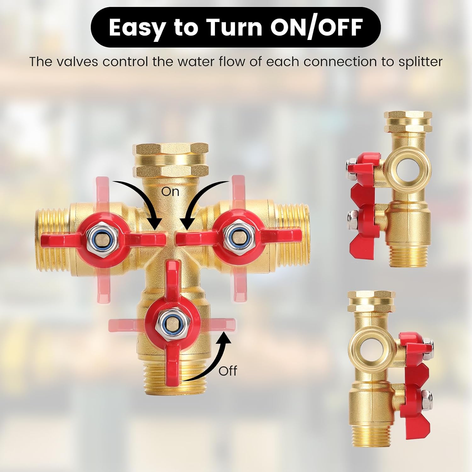 Garden Hose Splitter 3 Way, Heavy Duty 3-Way Brass Valve Garden Hose Splitter With Stainless Steel Long Handle, Full