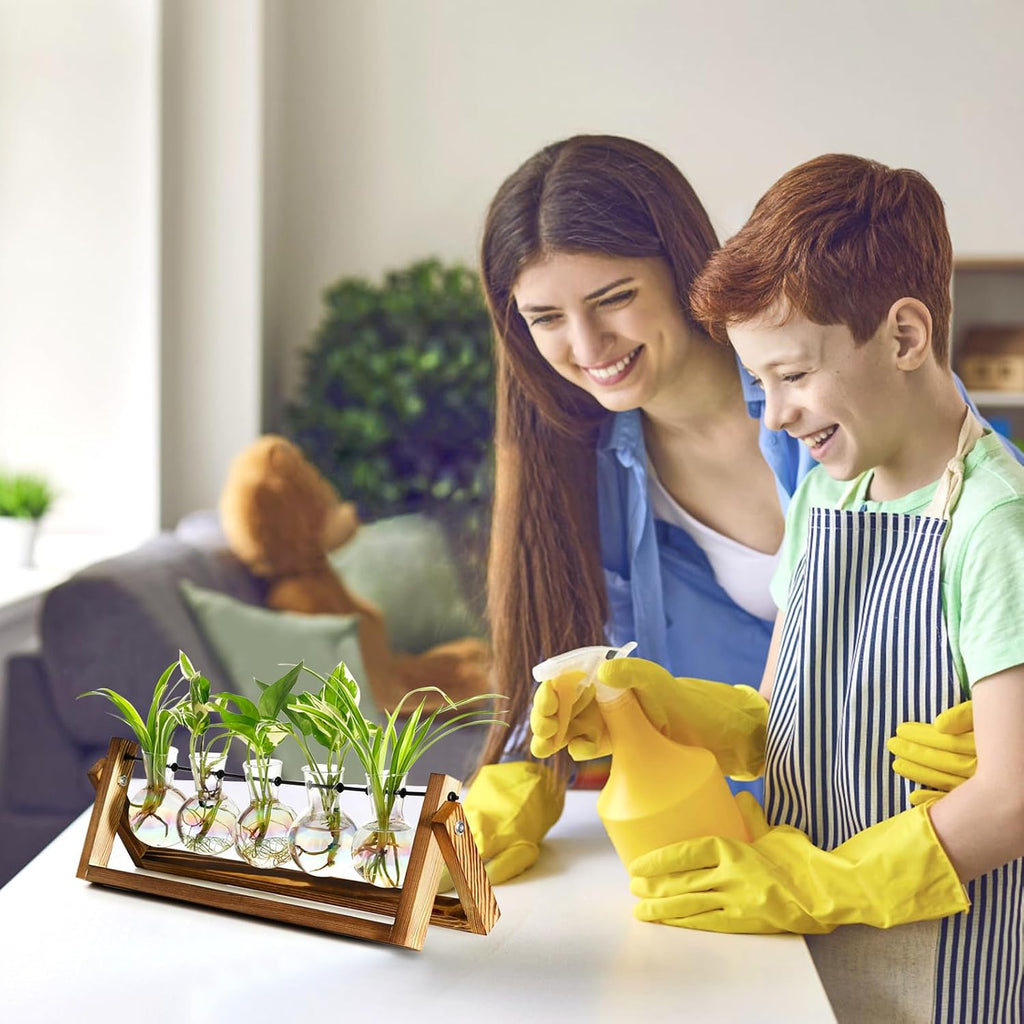 XXXFLOWER Plant Terrarium with Wooden Stand Desk Plant 5 Bulb Vase | Terrarium Kit Glass Propagation Vases Tabletop
