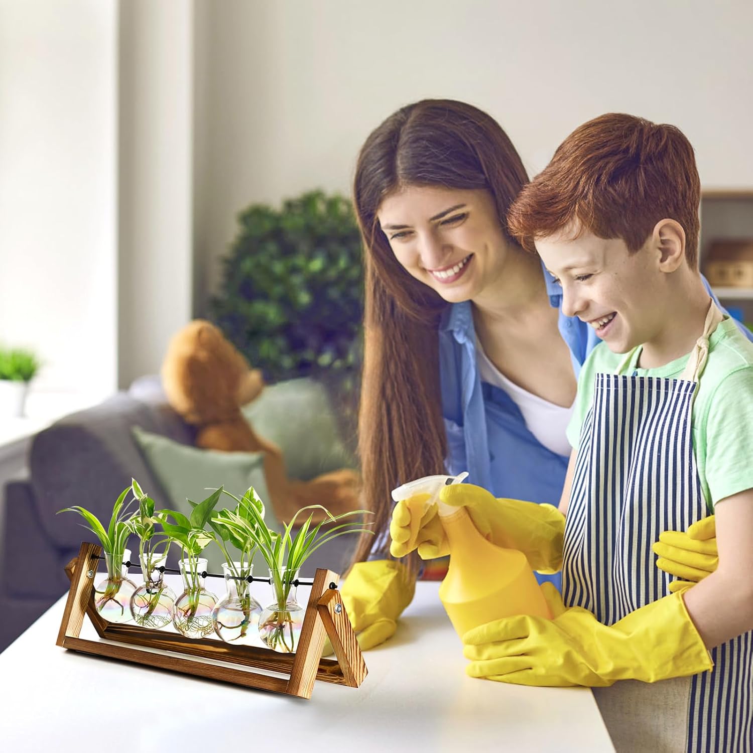 XXXFLOWER Plant Terrarium with Wooden Stand Desk Plant 5 Bulb Vase | Terrarium Kit Glass Propagation Vases Tabletop