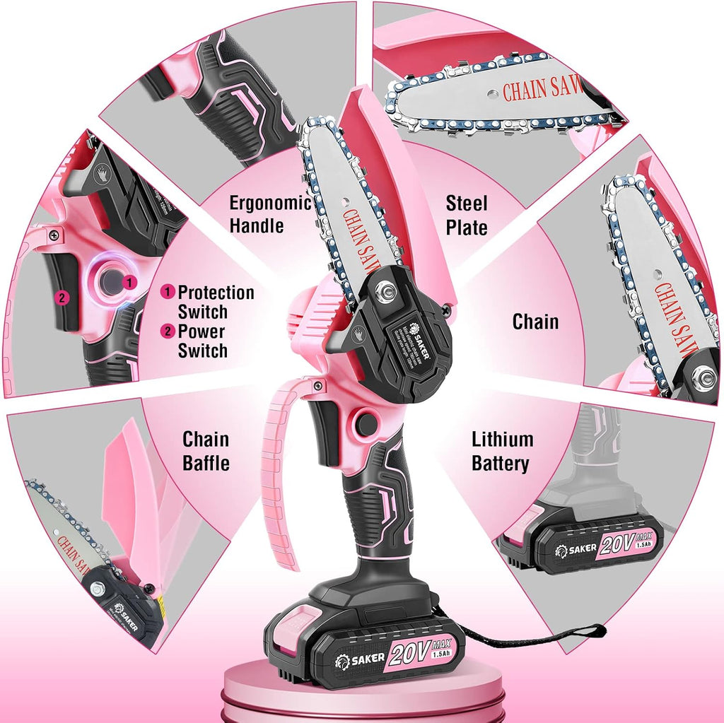 Saker Mini Chainsaw Cordless Pink,2PCS Batteries and 3 PCS Chains | Portable Electric Mini Chainsaw Cordless,Handheld