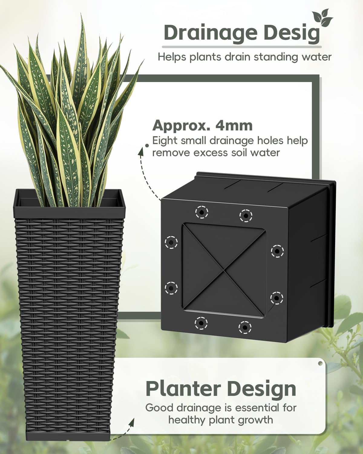 Greesum 24 Inch Tall Plastic Planters with Rattan Texture – Set of 2, Black | Detachable Inner Pot & Drainage Holes
