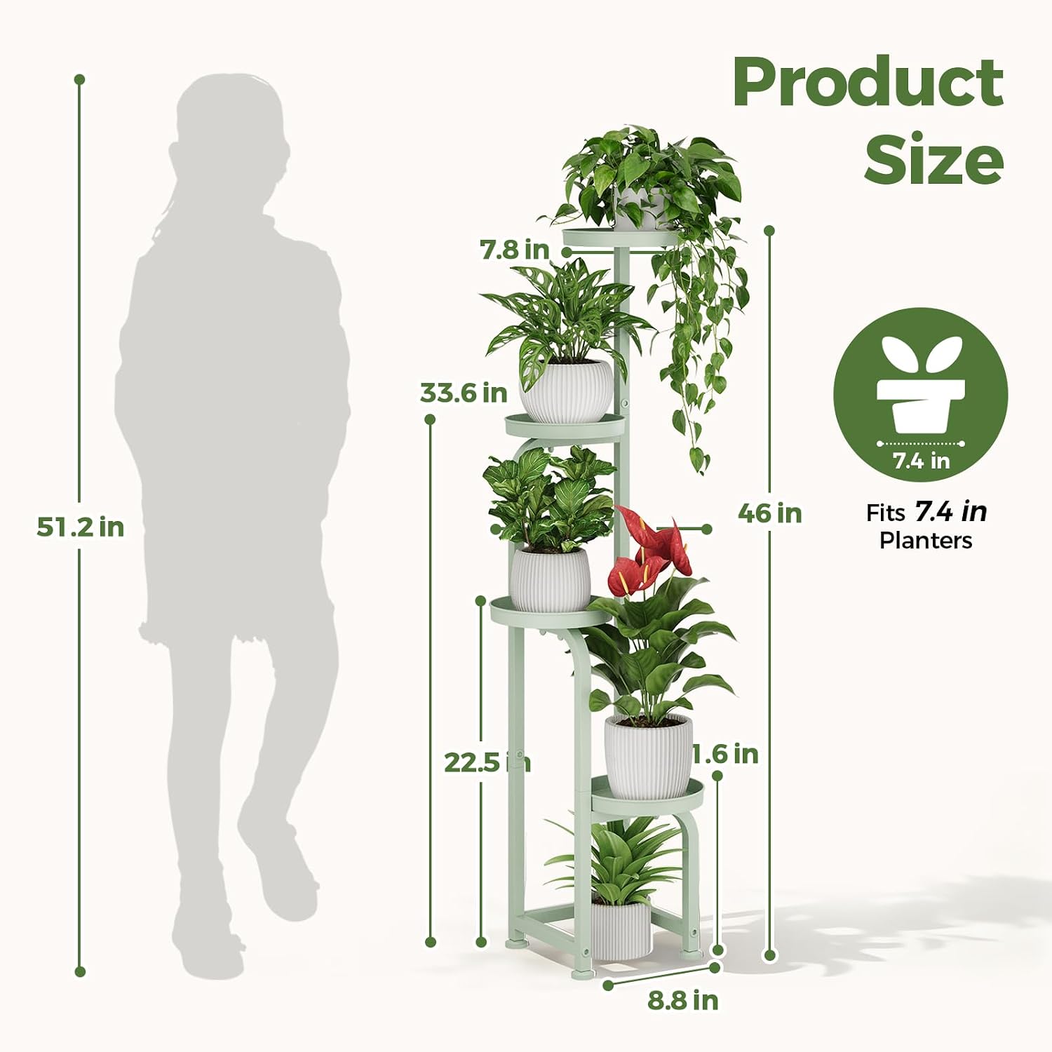 Bamworld Corner Plant Stand Indoor Outdoor Tall Metal Flower Pot Stands | 4 Tier Mint Green Heavy Duty Plant Shelf for
