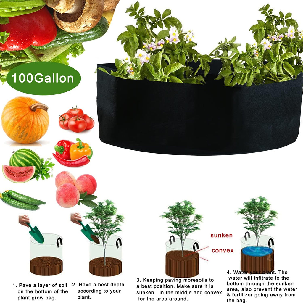 2-Pack 100 Gallon Large Non-Woven Grow Bags Reusable Thickened Durable Aeration Fabric Pot Black (100Gal_2Pcs)