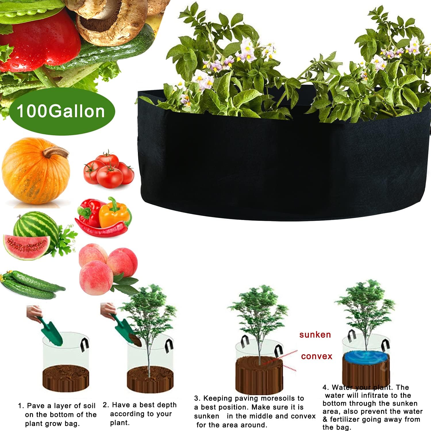 2-Pack 100 Gallon Large Non-Woven Grow Bags Reusable Thickened Durable Aeration Fabric Pot Black (100Gal_2Pcs)