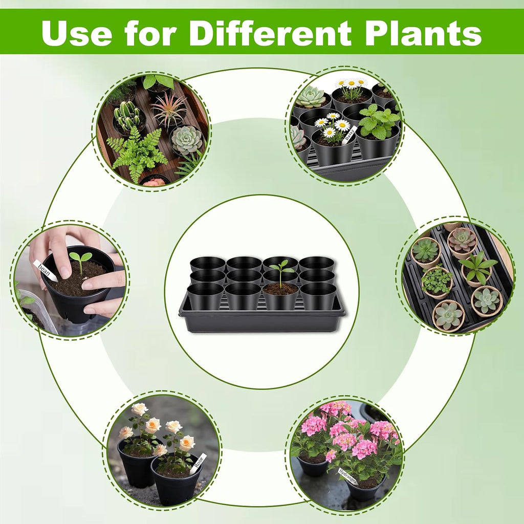 Seed Starter Tray Kit 60-Pack 3.4 Inch Round Nursery Pots | 5 Seedling Trays, 100 Plant Labels & 2 Transplanting Tools
