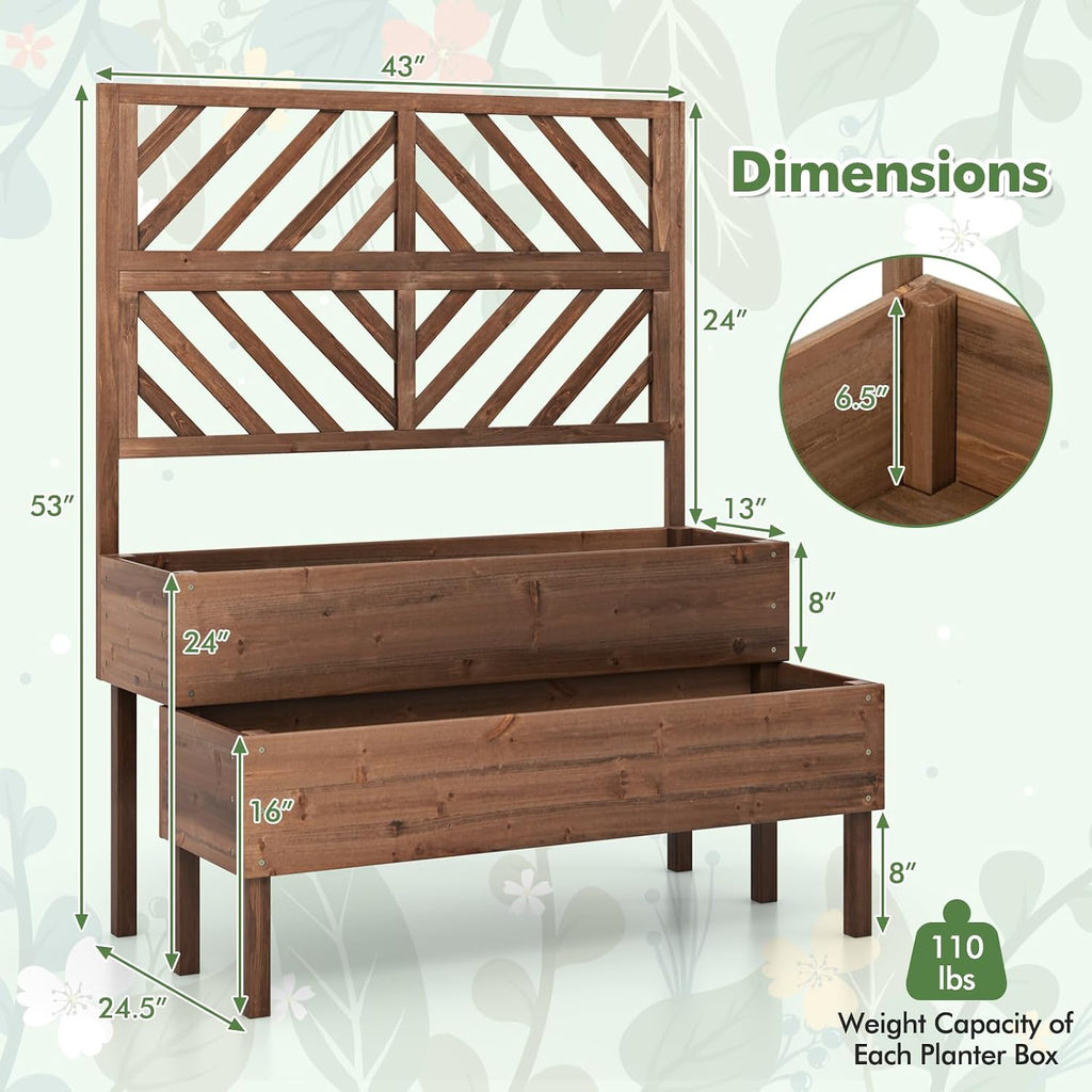 Raised Garden Bed with Trellis & 2 Planter Boxes, 2-Tier Outdoor Wooden Elevated Planter Box with Legs & Drainage