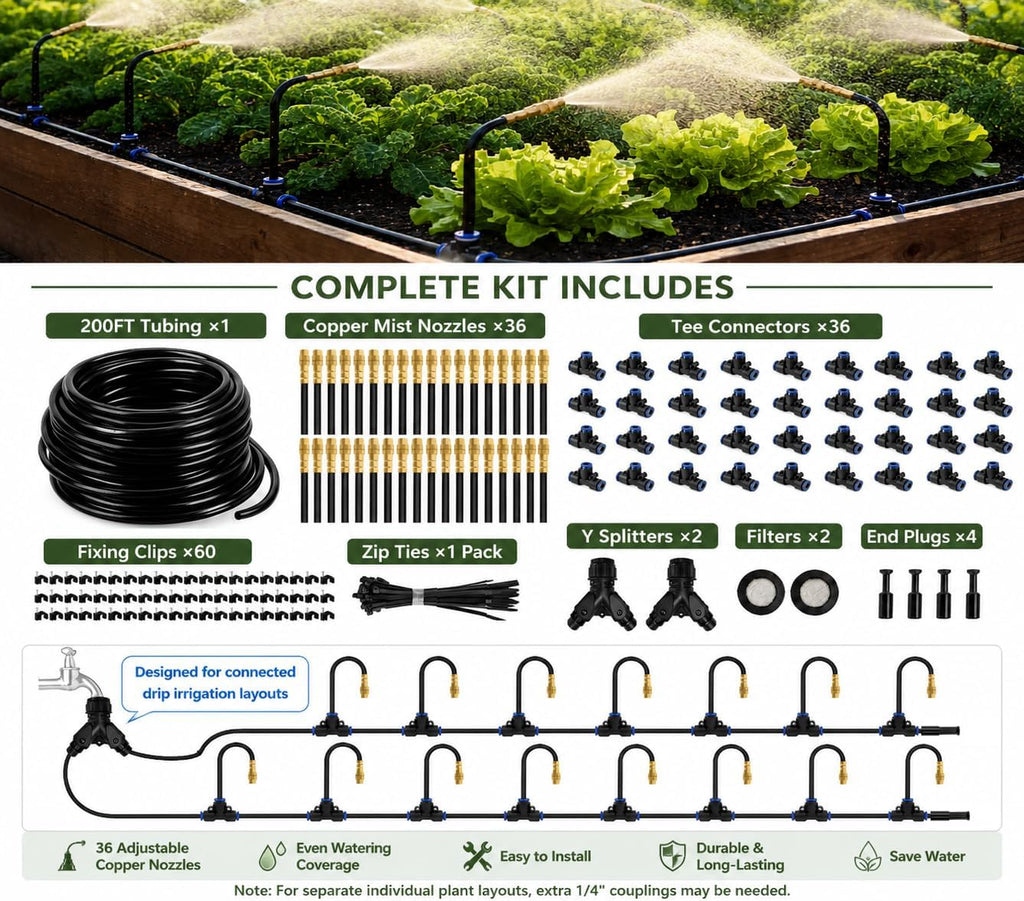 Drip Irrigation System 200FT 1/4", 36 Adjustable Copper Nozzles | 36 adjustable copper nozzles with 360° bendable rods