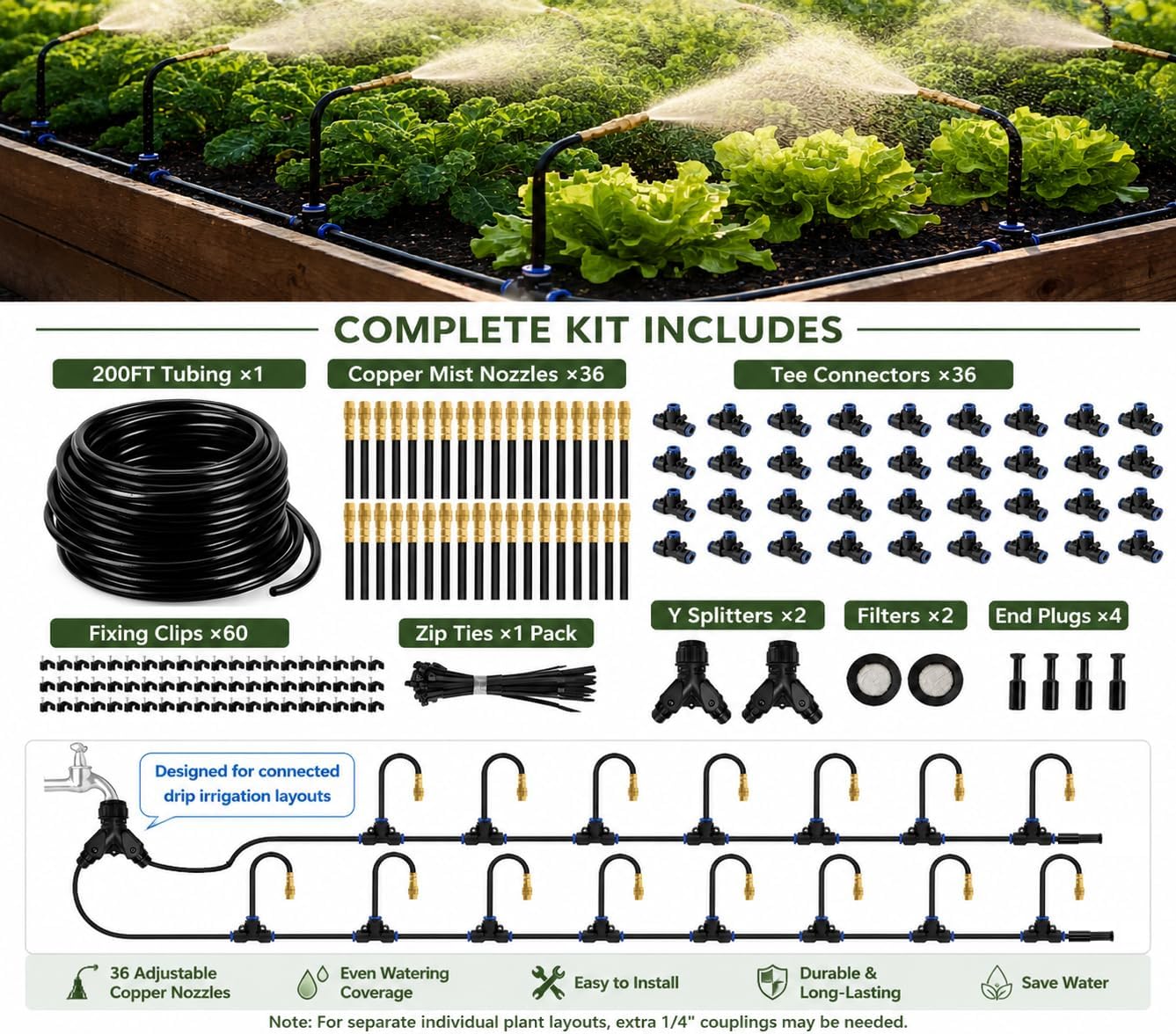 Drip Irrigation System 200FT 1/4", 36 Adjustable Copper Nozzles | 36 adjustable copper nozzles with 360° bendable rods