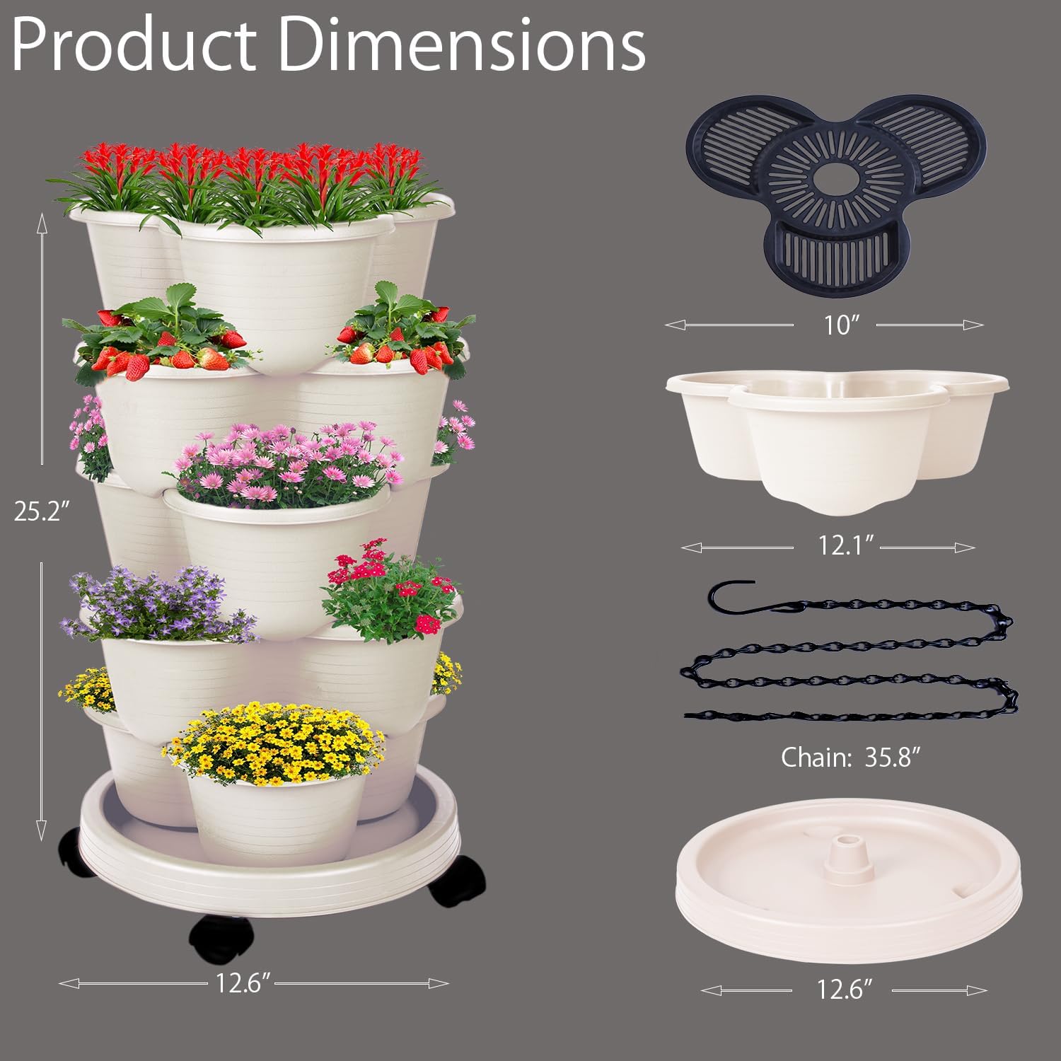 5-Tier Vertical Garden Tower Stackable Planter for Strawberries, Flowers, Vegetables & Herbs Beige