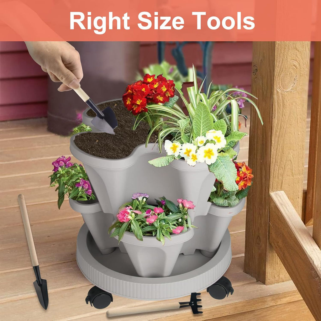 DUNCHATY Stackable Planter, Vertical Garden Planter with Wheels and Tools, Self Watering Strawberry Planter