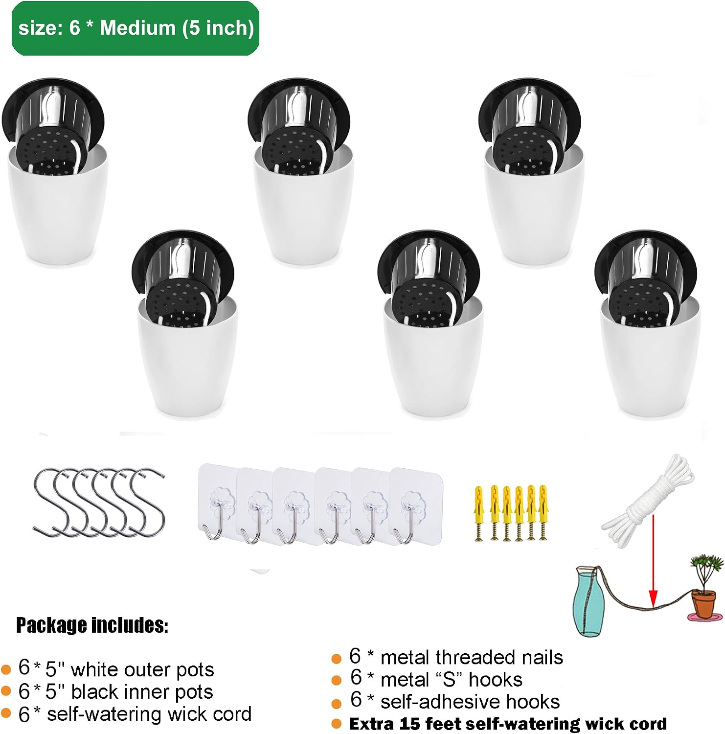 ORIMERC 6 Pack Hanging Planter Wall Planter Self Watering 5 inch Plant Pot with Hardware Vertical Planter Outdoor