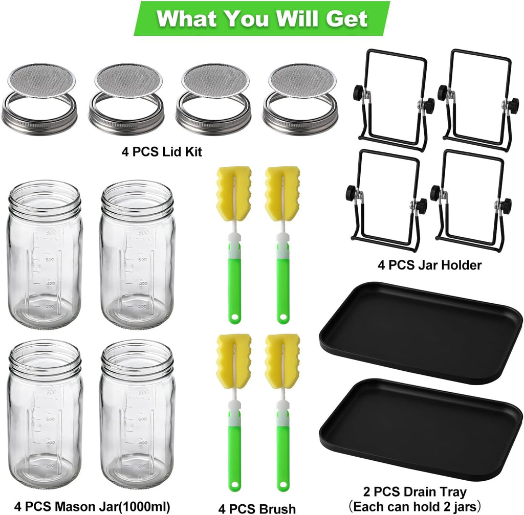 Sprouting Jar Kit 4 PCS 1000ml(35oz) Wide Mouth Mason Jars with 304 Stainless Steel Sprout Lids Drain Tray Stainless