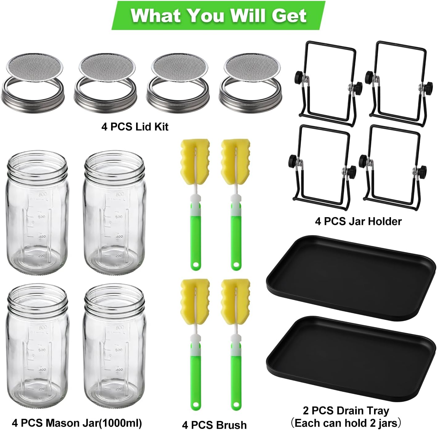 Sprouting Jar Kit 4 PCS 1000ml(35oz) Wide Mouth Mason Jars with 304 Stainless Steel Sprout Lids Drain Tray Stainless