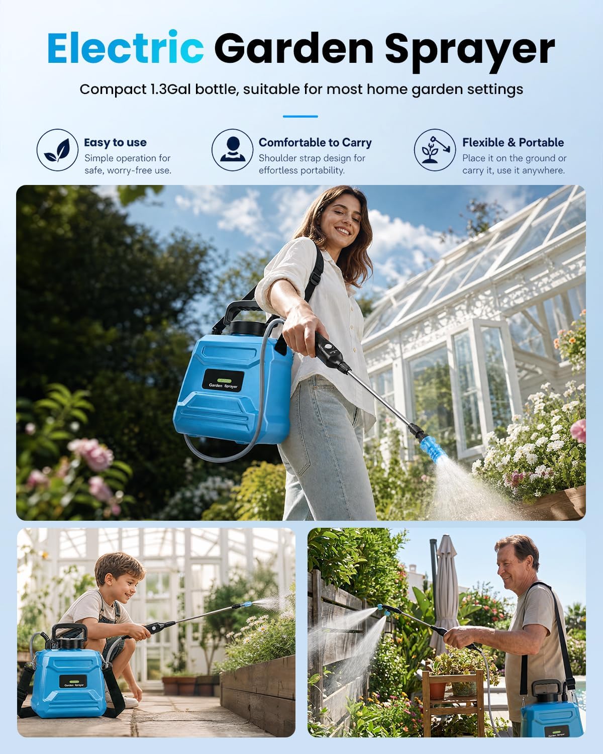 1.3 Gallon Battery Powered Garden Sprayer, Electric Plant Sprayer | 5 Spray Modes, Adjustable Extension Wand, USB-C
