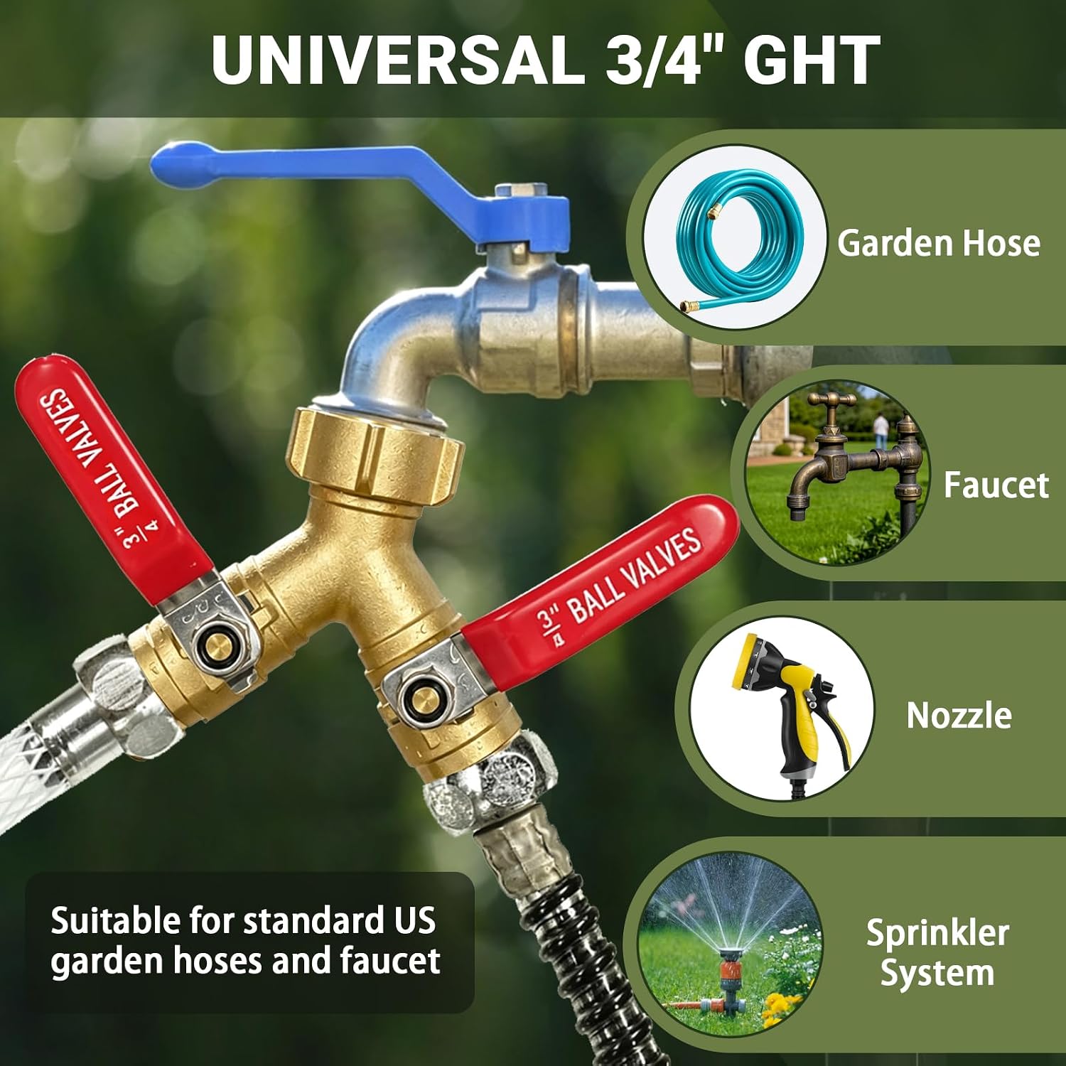 Garden Hose Splitter 2 Way, Heavy Duty Brass Full Flow Y Valve, 3/4" GHT | Solid Brass Construction with Leak-Proof