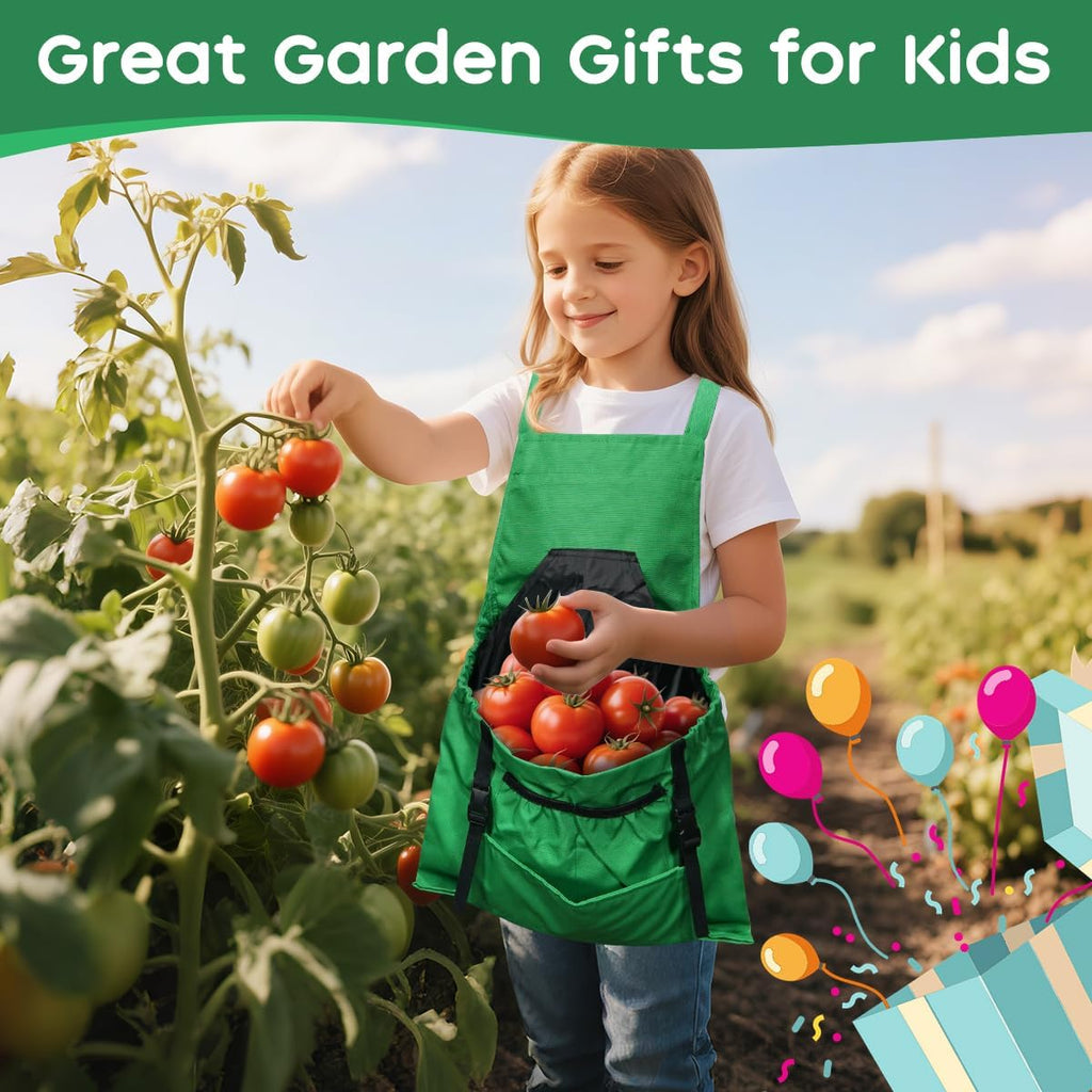 Kids Gardening Apron,Canvas Garden Apron with Pockets and Harvesting Pouch for 6-12 Grils and Boys
