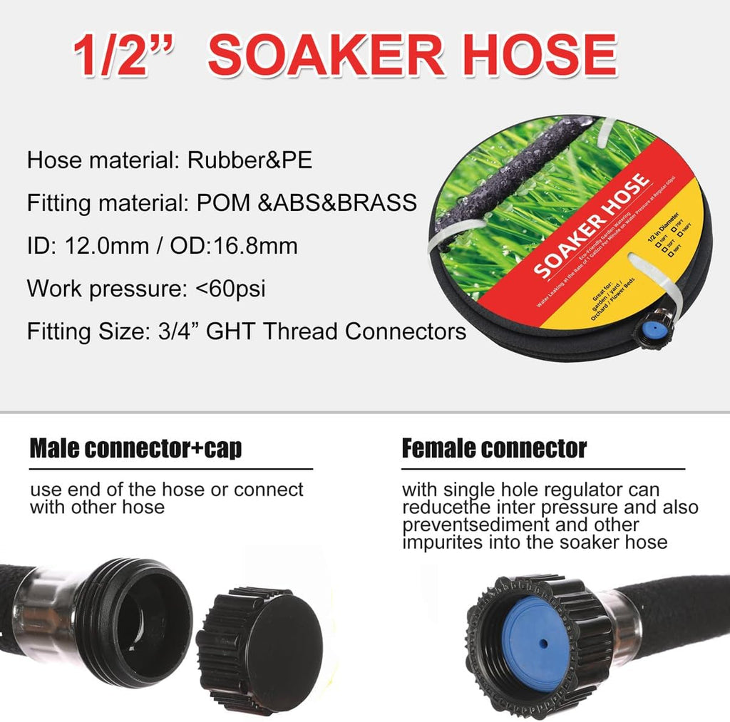 Garden Soaker Hose 100ft 1/2" Short Rubber Drip Hoses Soaking, Heavy Duty Round Water Seeper Soaker Hoses Kit For Trees