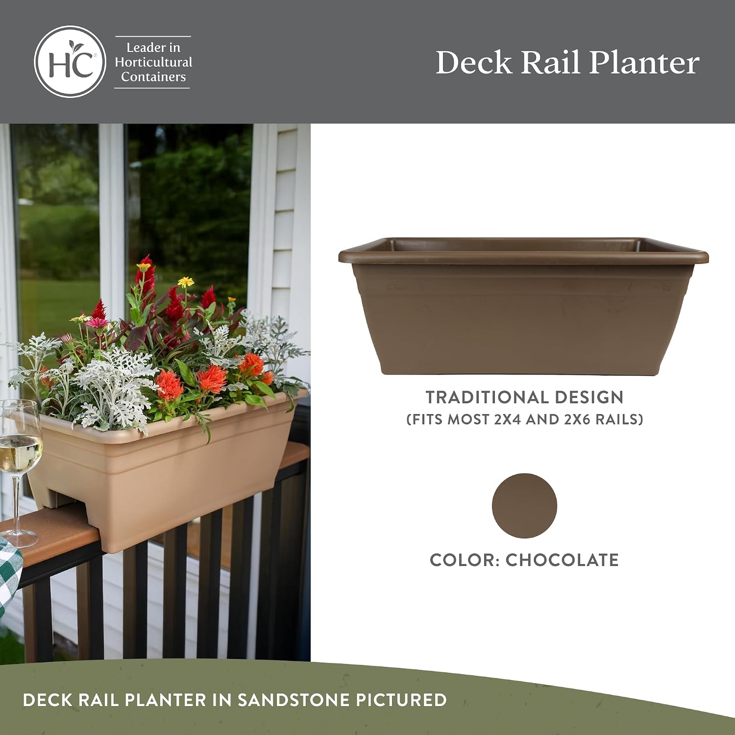 The HC Companies 24 Inch Deck Rail Planter Box with Drainage Plug, Lightweight UV-Resistant Plastic Outdoor Planters
