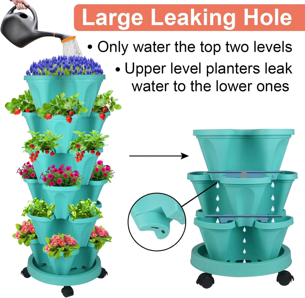 DUNCHATY Stackable Planter, Vertical Strawberry Planter with Garen Tool Set, Self Watering Garden Planter