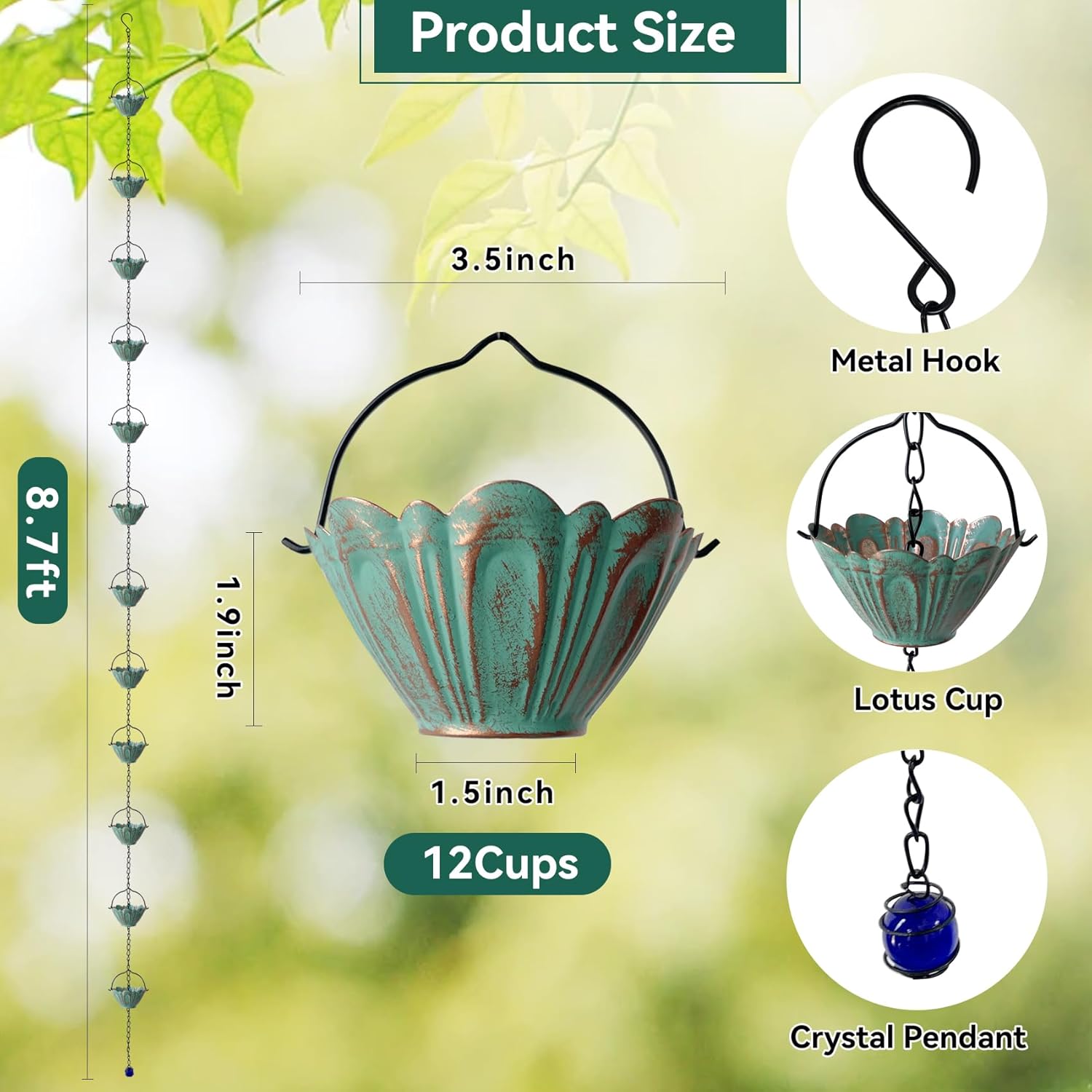 Rain Chains for Outside, 8.7FT Gutter Chain with | 12 Lotus Cups Rain Catcher Chain Replacement Downspout for Gutters