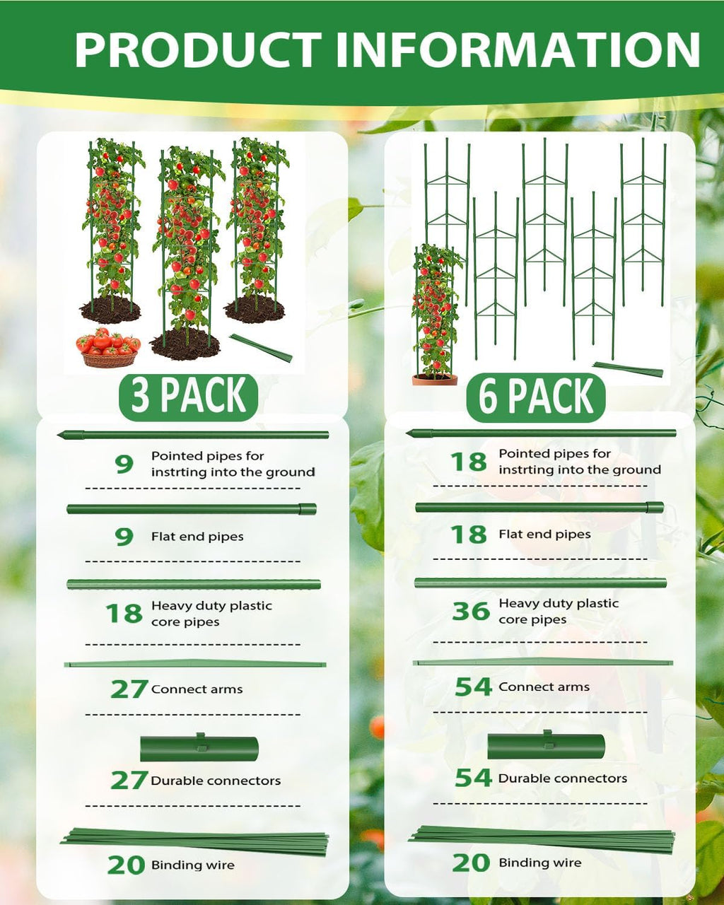 MYMULIKE 6 Pack Tomato Cages for Garden, 51in*13in Adjustable Tomatoes Plant Stakes Support Cages Trellis, Garden