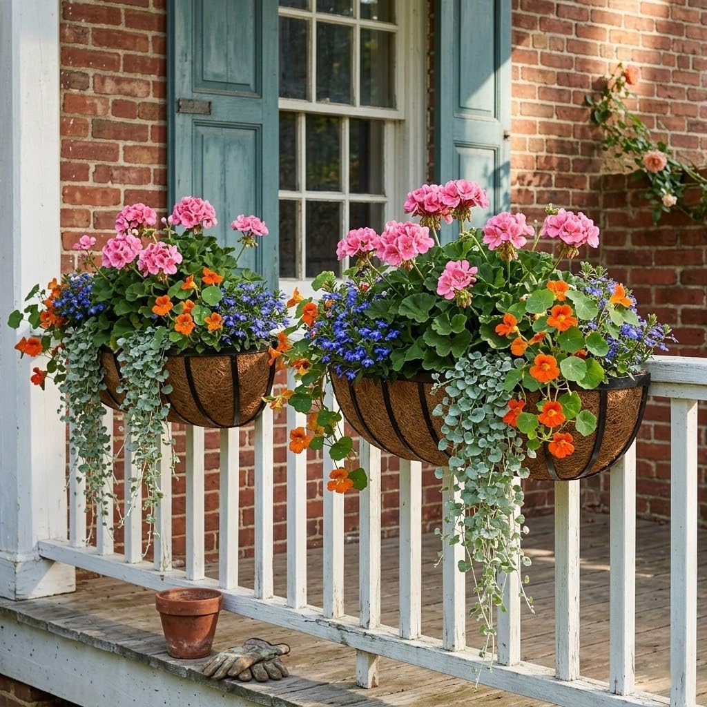 24 Inch Railing Planter Boxes with Adjustable Brackets for Hanging Outdoor Plants, Window Box Planter with Coco Liner