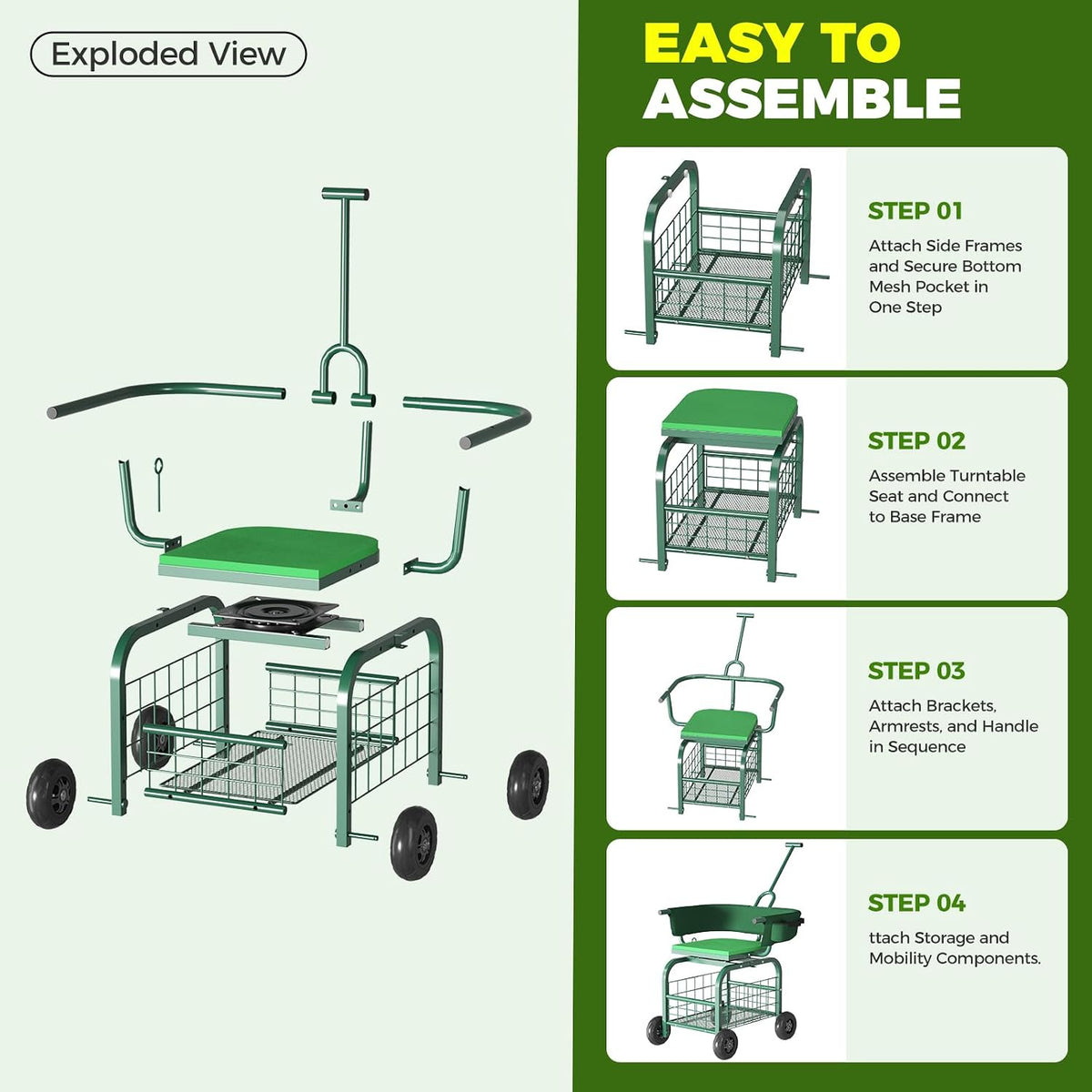 Suntee Garden Seat with Wheels, Rolling Gardening Stool with 360° Swivel Seat & Backrest,Tool Storage Basket & Back