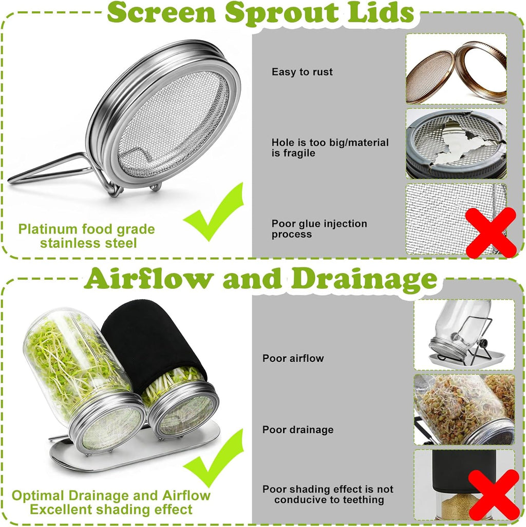 Palksky Sprouting Kit with Stainless Steel Screen Sprouting Lids & Glass Mason Jars & Light-Blocking Sleeves, 2Pack