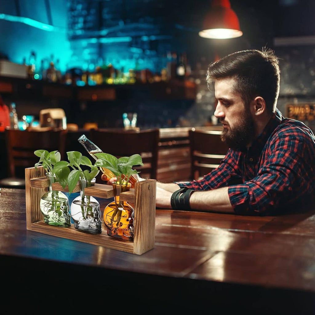 Plant Terrarium Propagation Stations Skull Planter Vase Skulls Decor | Hydroponics Halloween With Wooden Stand Gife for