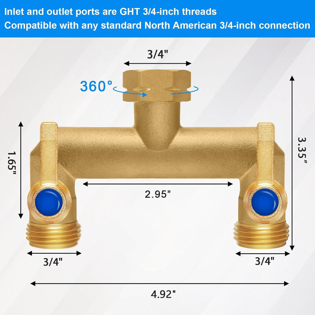 Brass Garden Hose Splitter, Garden Hose Splitter 2 Way Heavy Duty, Outdoor Hose Splitter, GHT 3/4 in. Female Inlet and